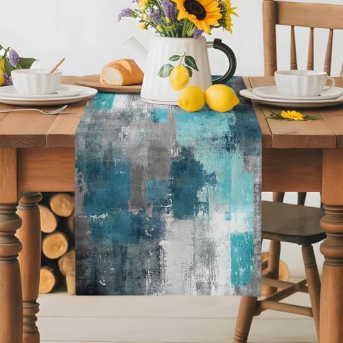 Teal Grey Abstract Art Table Runner Dresser Scarf 13 x 72 Inch Modern Turquoise Color Block Graffiti Table Runners Non-Slip Heat Resistant Kitchen Dining Table Decor for Home Holidays Indoor Outdoor