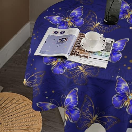 Dark Purple Butterfly Tablecloth, Luxury Golden Blue Purple Butterfly Print Table Cloth for Outdoor Patio Party Picnic Wedding Indoor Kitchen Dinner Table Decor, 70x70in