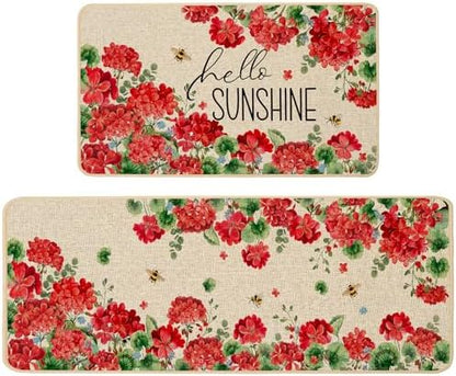Baccessor Summer Kitchen Mats Set of 2, Geranium Floral Bee Kitchen Rugs for Floor Non Slip Absorbent Low-Profile Seasonal Farmhouse Home Decor 17x29 and 17x47 Inch