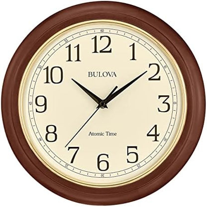 Bulova Atomic Time 2 Analog Wall Clock C5004 | 12.4" Wooden Frame, Sets Time Automatically | Quartz Movement | Battery Operated | Classic Design