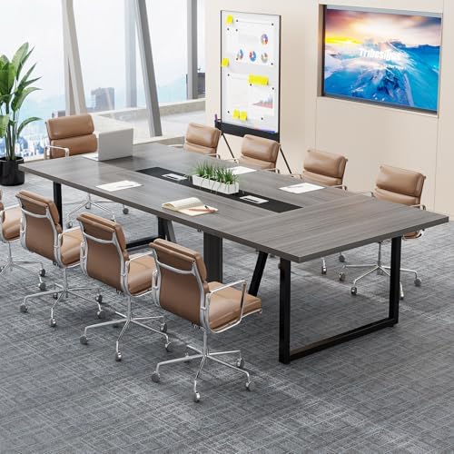 Tribesigns 8FT Conference Table, 94.49 L x 47.24 W x 29.53 H Inches Large Meeting Podcast Table for 10 People, Business Style Wooden Training Table with Strong Metal Frame for Office Conference
