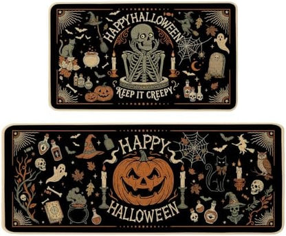 Baccessor Halloween Kitchen Rugs Set of 2, Vintage Skeleton Witch Black Kitchen Mats Low-Profile Non Slip Washable Rugs for Floor Home Decor 17x29 and 17x47 Inch