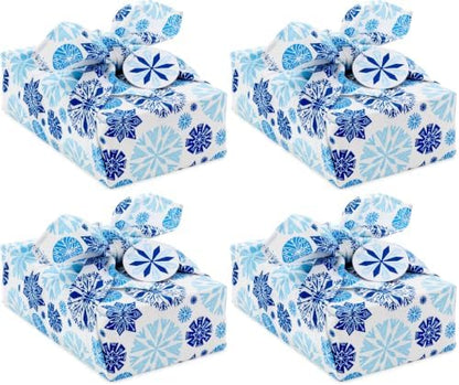 Hallmark 26" Reusable Christmas Gift Wrap (1 Fabric Wrap: Blue Snowflakes on Natural Cotton) for Holiday Parties, Hanukkah, Winter Weddings (Pack of 4)