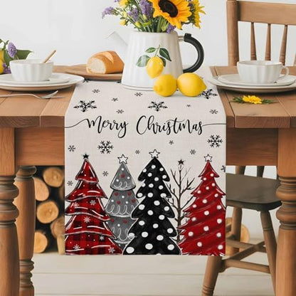 Red Black Christmas Tree Table Runner Dresser Scarf 13 x 36 Inch Polka Dots Xmas Tree Snowflake Linen Table Runners Non-Slip Heat Resistant Kitchen Dining Table Decor for Home Holidays Indoor Outdoor