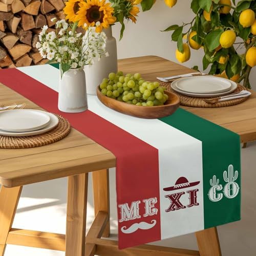 Mexico Flag Table Runner Dresser Scarf 13 x 108 Inch Green Red Color Cactus Hat Striped Modern Table Runners Non-Slip Heat Resistant Kitchen Dining Table Decor for Home Holidays Indoor Outdoor