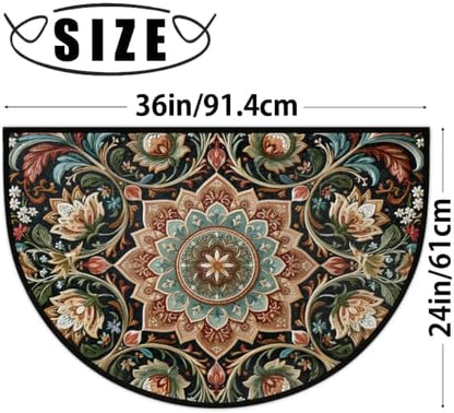 Boho Flower Half Round Door Mat Non Slip Washable Semi Circle Area Rug Absorbent Soft Half Moon Rug Floor Mat for Indoor Outdoor Kitchen Bathroom Patio Front Door Mat Decor