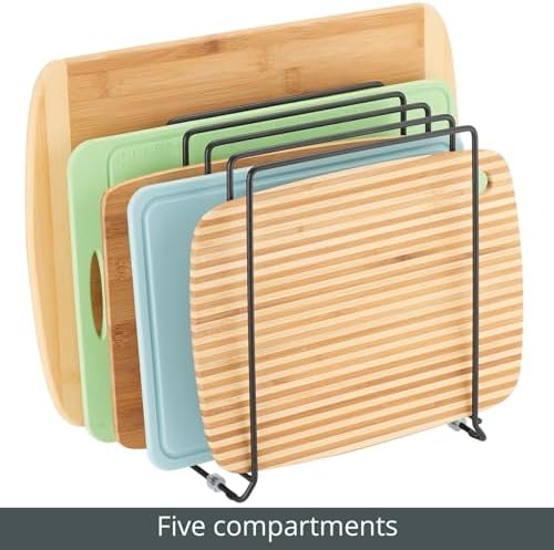 mDesign Pot Lid and Pan Rack — Metal Wire Rack for Cabinets, Pantries or Kitchen Surfaces — Freestanding Pan Stand with 5 Slots for Pans, Pots, Lids and Crockery — Black