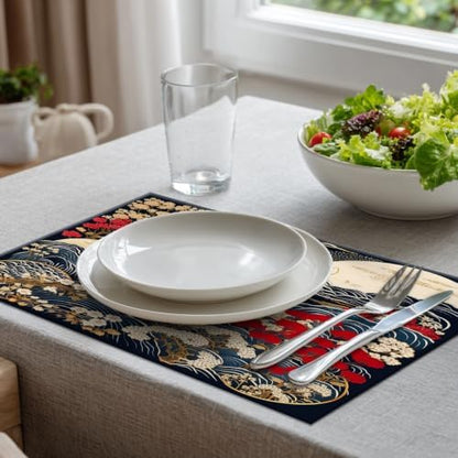 Batmerry Flowers Waves Placemats, Beautiful Nature Scene with Moon Washable Linen Table Mats for Kitchen Table Double Insulation Decor Dining Set Indoor Outdoor 12X18 in Set of 6