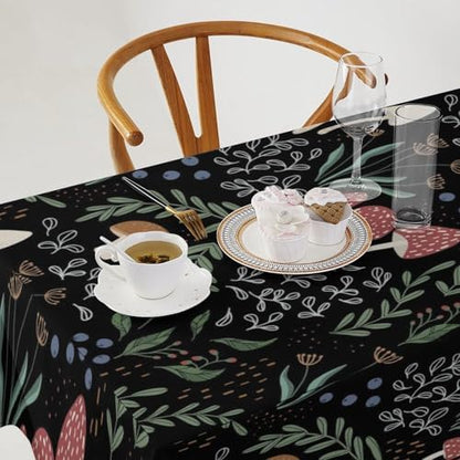 Mushroom Tablecloth, Cartoon Green Leaves Mushroom Wildflower Plant Botanical Herb Nature Garden Print Table Cloth for Home Kitchen Outdoor Party Picnic Wedding Decor 60x110in