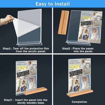 Kersally Acrylic Sign Holder 6 x 4, 4 Pack Double-Sided Clear Table Display Stands with Wood Base,Horizontal Acrylic Frame Menu Flyer Paper Holder for Store, Restaurant, Hotel, Office, Show Fair