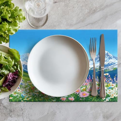 Batmerry Serene Environment Alpine Ry Linen Placemats Set of 6, Blooming Flora Mountainous Terrain Washable Table Mats for Kitchen Table Thickened Heat Insulation Dining Set Indoor Outdoor 12X18 in