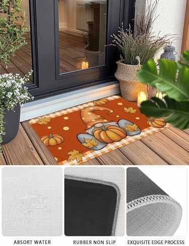 Fall Door Mat Pumpkin Gnome Doormat Maple Leaf Orange Buffalo Plaid Harvest Thanksgiving Welcome Mat Non Slip Rubber Entryway Front Rug Floor Mat for Indoor Outdoor Kitchen Autumn Holiday Decor 18x30