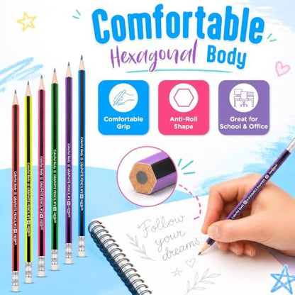 Pointer Wooden Pencils Pre-Sharpened HB Graphite Colorful Assorted Bodies, Hexagonal Grip for Comfortable Use with Soft Erasers Strong Break-Resistant Core Smooth Writing for Classrooms Work - 12Pcs