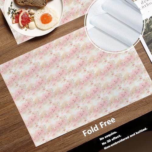 Batmerry Watercolor Cherry Blossom Linen Placemats Set of 6, Light Apricot Flowers Washable Table Mats for Kitchen Table Thickened Heat Insulation Dining Set Indoor Outdoor 12X18 in