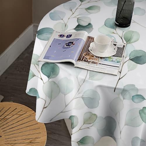 Eucalyptus Leaf Tablecloth, Spring Botanical Sage Green Watercolor Floral Plant Branches Print Table Cloth for Home Kitchen Dining Outdoor Patio Wedding Decor, 36x36in