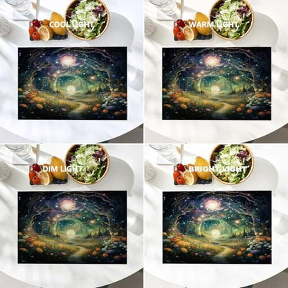 Batmerry Magical Forest Path Glowing Lights Linen Placemats Set of 4, A Mystical Forest At Night Washable Table Mats for Kitchen Table Thickened Heat Insulation Dining Set Indoor Outdoor 12X18 in