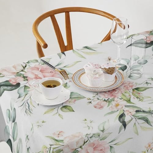 Pink Flowers Tablecloth, Watercolor Sage Green Eucalyptus Leaves Branches Floral Print Table Cloth for Picnic Party Dining Room Home Decor 60x120in