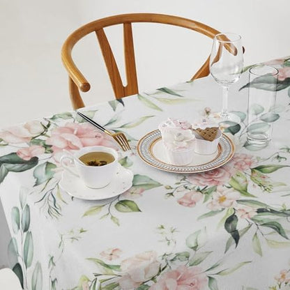 Pink Flowers Tablecloth, Watercolor Sage Green Eucalyptus Leaves Branches Floral Print Table Cloth for Picnic Party Dining Room Home Decor 60x120in