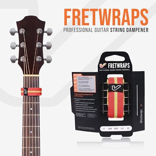 Gruv Gear Fret Wrap & Guitar Mute, Fretwrap for Acoustic, Electric & Bass | String Dampener Recording, Tapping & Practice Accessory (1 Pack, Small Red/Yellow, Fits 4 String Bass, 6 String Guitar)
