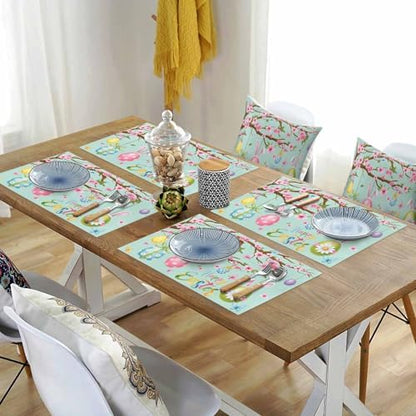 Happy Easter Placemats Set of 4, Spring Floral Bunny Rabbit Ear Eggs Heat Resistant Dining Table Mats Holiday Farmhouse Decor for Kitchen&Linens Outdoor Indoor, Pink Flower Branch Green Leaves