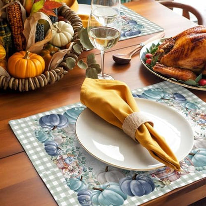 Fall Thanksgiving Placemats Set of 4, Navy Blue Pumpkins Green Eucalyptus Leaves Heat Resistant Washable Table Place Mats Sage Farmhouse Plaid Table Linens Decor for Home Kitchen Dining Outdoor Indoor