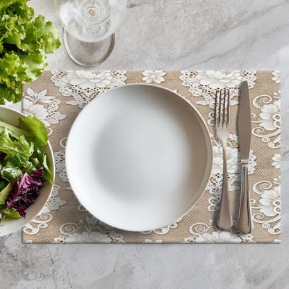 Batmerry Floral Linen Placemats Set of 4, Template White Lace Background Washable Table Mats for Kitchen Table Thickened Heat Insulation Dining Set Indoor Outdoor 12X18 in