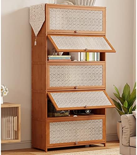 Bamboo Bookcase with flip-up Acrylic Doors, 1-5 Tier Free Standing Book Shelf Storage Organizer for Living Room Office Bedroom (Wood 80 * 32 * 140cm)