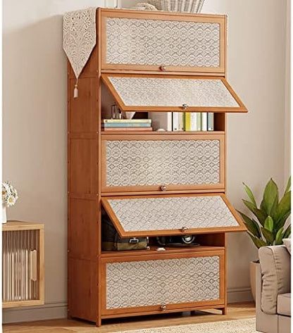 Bamboo Bookcase with flip-up Acrylic Doors, 1-5 Tier Free Standing Book Shelf Storage Organizer for Living Room Office Bedroom (Wood 70 * 32 * 73cm)