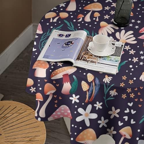 Retro Mushroom Tablecloth, Cartoon Forest Mushroom Florals Leaves Woodland Garden Table Cloth for Kitchen Dining Coffee Table Outdoor Party Decor, 50x50in