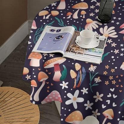 Retro Mushroom Tablecloth, Cartoon Forest Mushroom Florals Leaves Woodland Garden Table Cloth for Kitchen Dining Coffee Table Outdoor Party Decor, 50x50in
