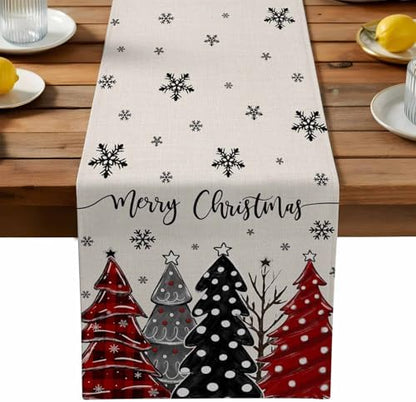 Red Black Christmas Tree Table Runner Dresser Scarf 13 x 60 Inch Polka Dots Xmas Tree Snowflake Linen Table Runners Non-Slip Heat Resistant Kitchen Dining Table Decor for Home Holidays Indoor Outdoor