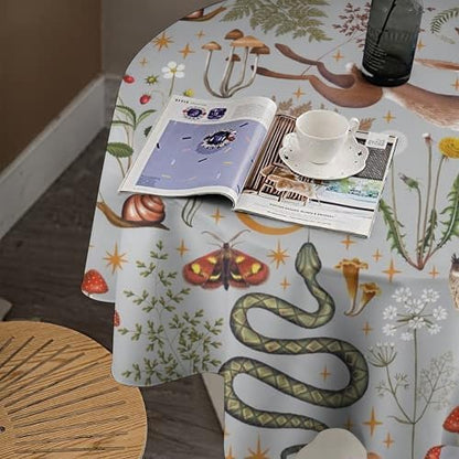 Woodland Animal Tablecloth, Grey Country Forest Hare Squirrel Owl Snake Snail Flowers Mushroom Print Table Cover for Picnic Party Holiday Home Kitchen Dining Table Decor, 60x60in