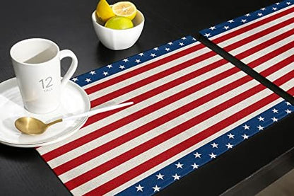 July 4th Placemats Set of 6-Patriotic Stripes and Stars Heat Resistant Placemat Washable Cotton Linen Table Mats Memorial Day Independence Day Party Summer Holiday Decorations for Kitchen Dining Table