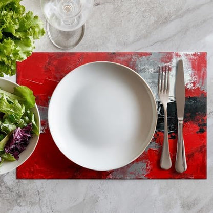 Batmerry Abstract Oil Painting Linen Placemats Set of 4, Art Red Grey Scarlet Modern Artwork Washable Table Mats for Kitchen Table Thickened Heat Insulation Dining Set Indoor Outdoor 12X18 in