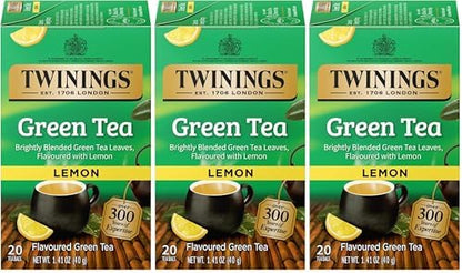 Twinings Green Tea with Lemon - Flavorful Green Tea with Lemon Pieces, Caffeinated Tea Bags Individually Wrapped, 20 Count (Pack of 3)