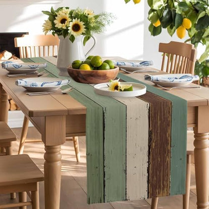Green Brown Wood Grain Table Runner Dresser Scarf 13 x 108 Inch Vintage Mottled Board Striped Farm Table Runners Non-Slip Heat Resistant Kitchen Dining Table Decor for Home Holidays Indoor Outdoor