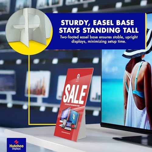 Paper Sign Holder (5 x 7 Inches) Plastic Countertop Display w/Shatterproof (No Acrylic) Clear Design & Cardboard Easel Back Tabletop Slant Support for Stackable Lightweight Portable by Hutchco