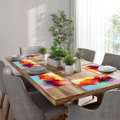 Batmerry Yellow Abstract Oil Painting Linen Placemats Set of 6, Red Contemporary Floral Washable Table Mats for Kitchen Table Thickened Heat Insulation Dining Set Indoor Outdoor 12X18 in