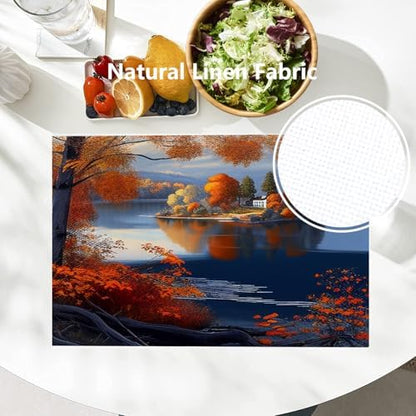 Batmerry Autumn Maple Forest Linen Placemats Set of 4, Lakes Islands Houses Paintings Landscapes Washable Table Mats for Kitchen Table Thickened Heat Insulation Dining Set Indoor Outdoor 12X18 in