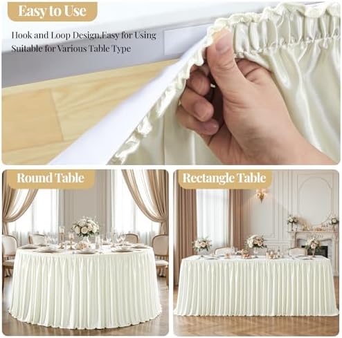 Wish Care 14ft Ivory Satin Table Skirt for Rectangle Tables Wrinkle Free Teacher Desk Skirt Glitter Ruffle Table Skirting Cloth for Back to School Classroom Office Dorm Birthday Party Table Decor