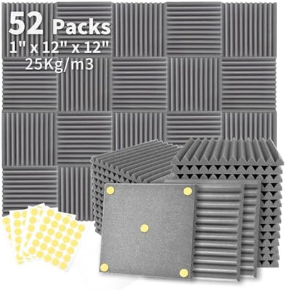 Focusound 52 Pack Grey Acoustic Foam Panels 1" x 12" x 12" Sound Proof Foam Panles Soundproofing Noise Cancelling Wedge Panels for Home Office Recoding Studio with 300PCS Double-Side Adhesive