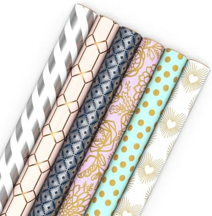 Hallmark Wrapping Paper Rolls, 6 Rolls (Hearts, Dots, Flowers, Stripes)