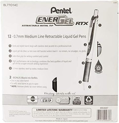 Pentel EnerGel RTX Retractable Metal Tip Pen, 0.7mm, 9 Black Ink, 3 Blue Ink with 2 Refills (BL77O14C)