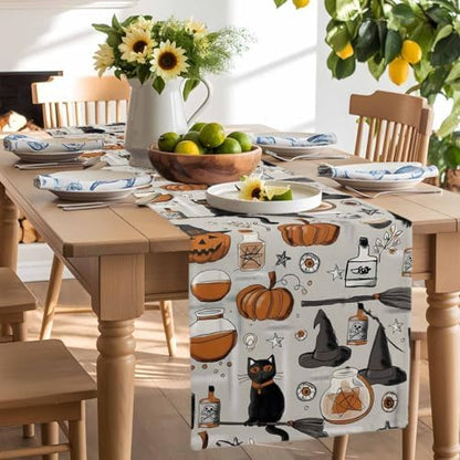 Vintage Style Table Runner Dresser Scarf 13 x 108 Inch Halloween Black Cat Orange Pumpkin Witch Hat Table Runners Non-Slip Heat Resistant Kitchen Dining Table Decor for Home Holidays Indoor Outdoor