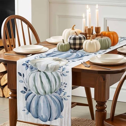 Fall Table Runner Blue Pumpkin Table Runners Harvest Thanksgiving White Blue Pumpkins Wooden Cotton Linen Dresser Scarf Kitchen Dining Table Decor for Autumn Holiday Party Coffee 13x48 Inch