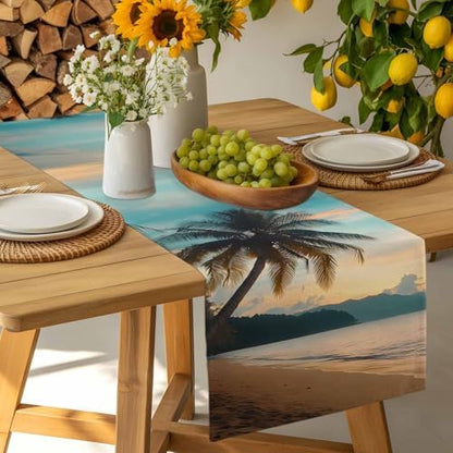 Sunset Beach Table Runner Dresser Scarf 13 x 36 Inch Tropical Coastal Ocean Palm Tree Nautical Table Runners Non-Slip Heat Resistant Kitchen Dining Table Decor for Home Holidays Indoor Outdoor