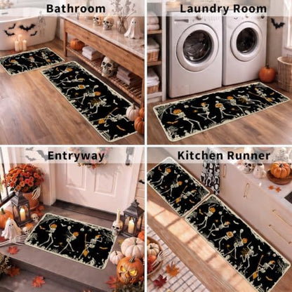 Halloween Kitchen Mat Decor, Skeleton Black Halloween Kitchen Rugs Set of 2