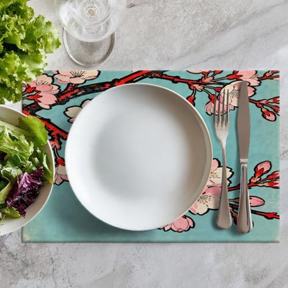 Batmerry Shabby Chic Cherry Blossom Linen Placemats Set of 8, Pink Floral Turquoise Background Washable Table Mats for Kitchen Table Thickened Heat Insulation Dining Set Indoor Outdoor 12X18 in