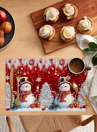 Christmas Red Placemats Set of 4, Cotton Linen Snowflake Cute Snowman Table Mats Non-Slip Washable Xmas Tree Red Christmas Balls Ornaments Placemat for Xmas Dining Kitchen Table Decor