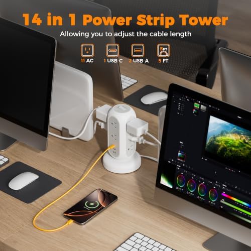 TESSAN Tower Power Strip Flat Plug with 1050J Surge Protection, 5 Ft, Grey
